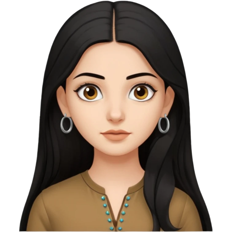 a pretty bratz fair girl with long black hair, kajal under eyes, small silver hoop. brown kurti on emoji