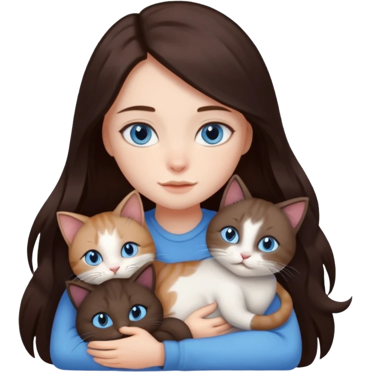 a girl with long dark 
brown hair, with blue eyes, hugs 3 different natural coloured cats emoji