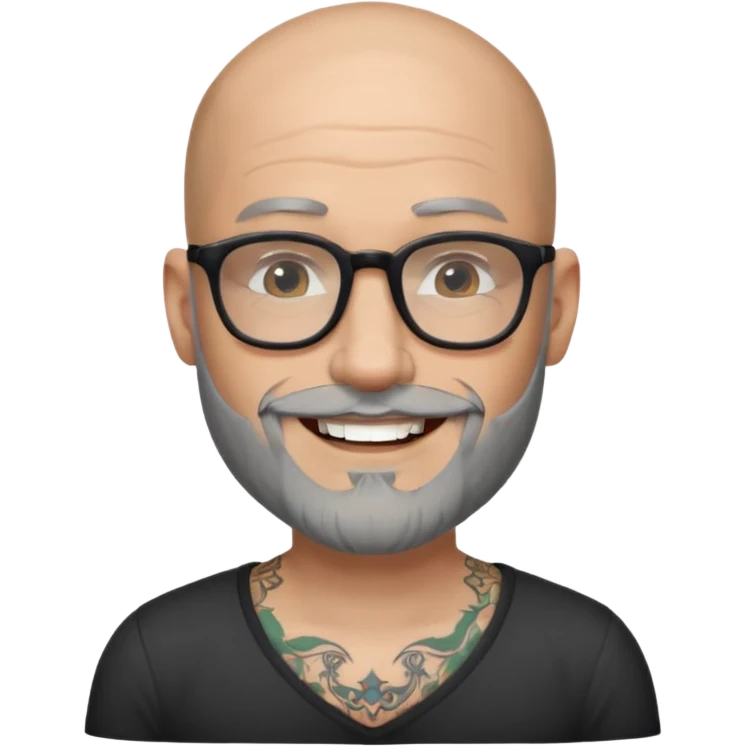 Bald man with salt and pepper beard and glasses and tattoos emoji