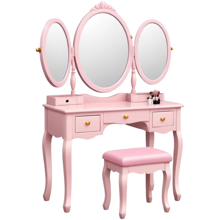 White Makeup vanity with light pink makeup, with a mirror and a stool emoji