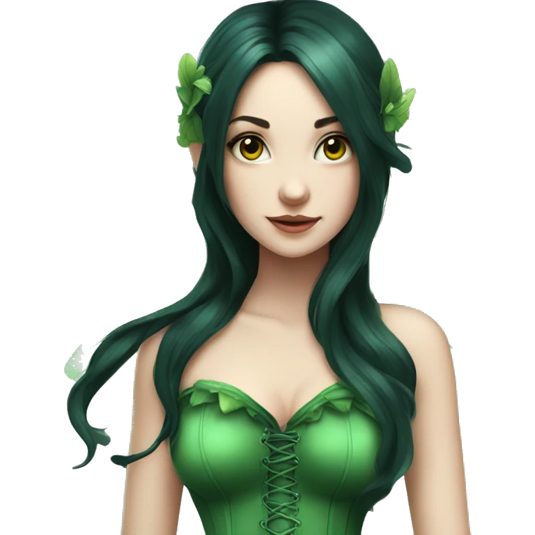 Fairy with long black hair pale skin deep green wings and green corset emoji