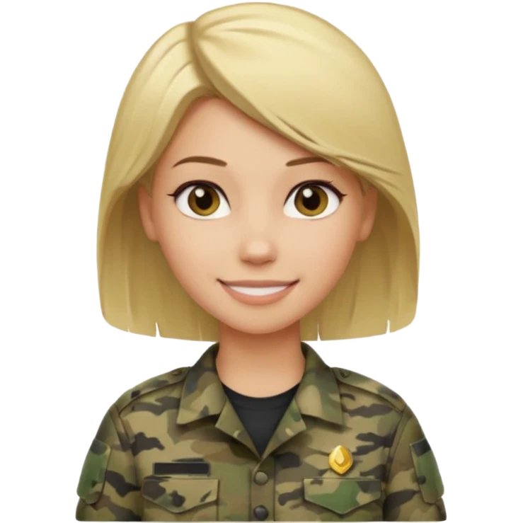 Apple-style emoji: female soldier, bust, no cap/helmet, friendly smile, generic camo top, blonde hair black color emoji