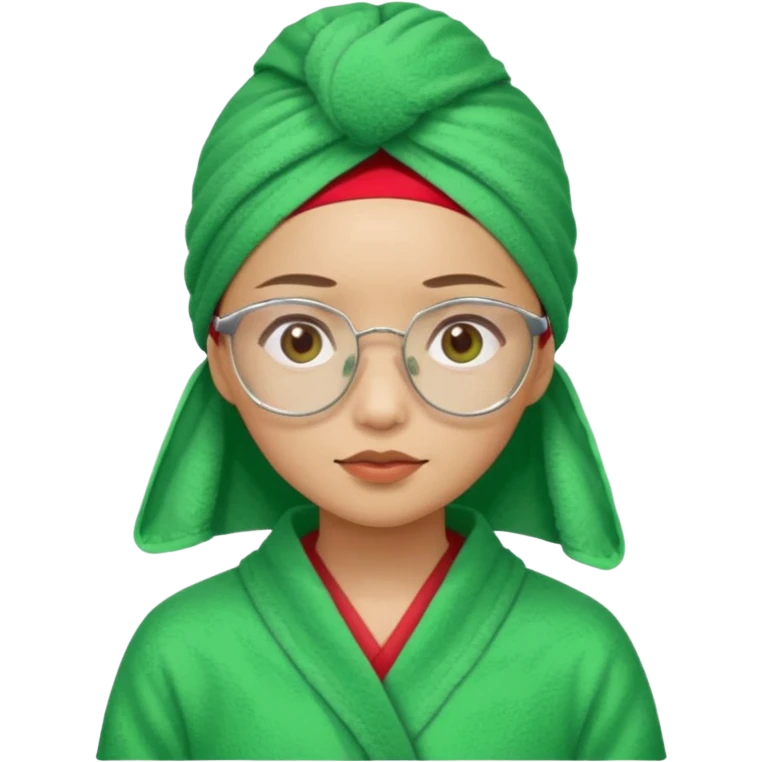 Asian woman wearing a green towel in her head with a broken glasses on her face in red pajamas emoji