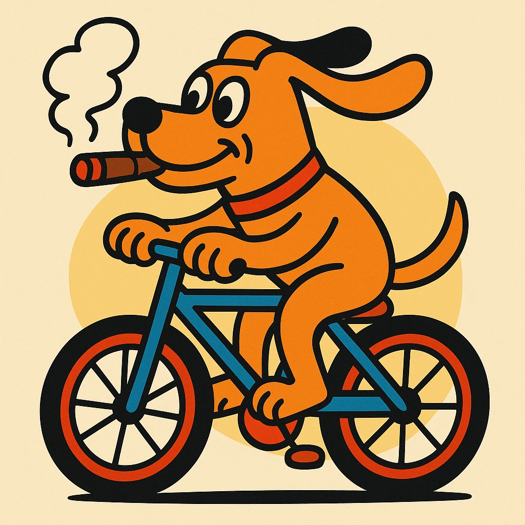 dog riding a bike, smoking a cigar, playful cartoon style emoji