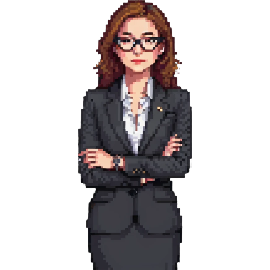 front-facing pixel art businesswoman, waist up, in sharp suit, hand under chin, gazing slightly to the side, wearing stylish glasses, luxury watch visible, expression of curiosity or contemplation, clean background emoji