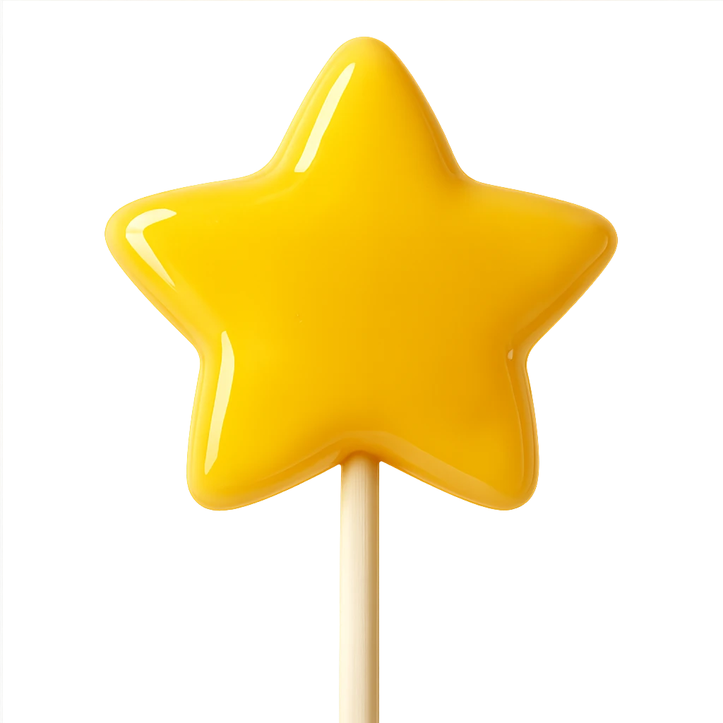 Remove the background, keep only the realistic star-shaped yellow lollipop in photorealistic style with transparent background. emoji