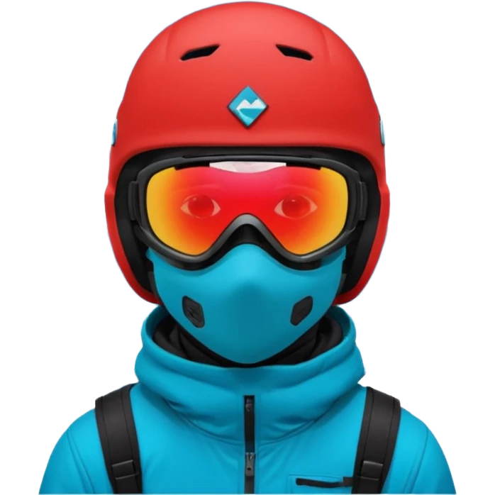 портрет головы сноубордиста в черном шлеме, зеркальной маске, в отражении маски снежные горы, черной балаклаве закрытым лицом, красной куртке, насыщенным сине-голубым однотонным фоном. emoji