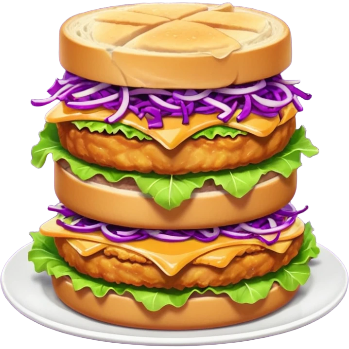 Spicy stacked chicken sandwich — two thick golden toast slices, a crispy breaded chicken fillet, green lettuce, and purple cabbage slaw, with glossy dark sauce dripping down the sides. emoji