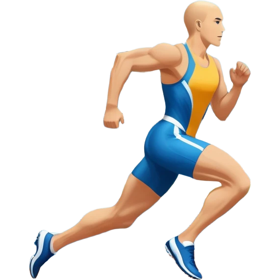 An icon symbolizing professional running: a dynamic sprinting athlete in motion on a track, leaving motion lines behind. The background features a large stadium with cheering crowds, a digital timer, and a clear blue sky. Transparent background emphasizes speed, endurance, and competition. emoji