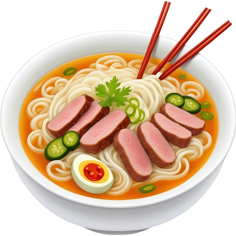 Guilin rice noodles with pickles and meat in soup, simplified emoji style with bold outlines and bright colors, cartoon style Guangxi specialty Mi Fen emoji