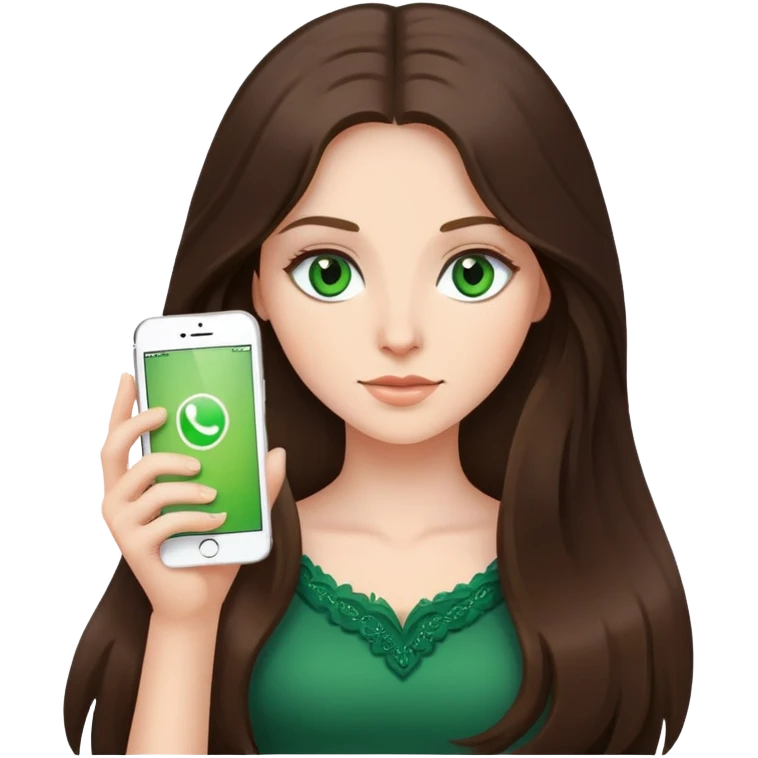 long haired brunette, green eyes with iphone in hand emoji