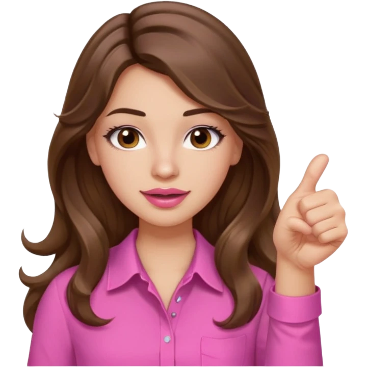 girl with long wavy brown hair, brown eyes, light to medium complexion, in a pink shirt, pink lips, long lashes, puckered lips, thumbs up emoji