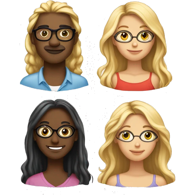 Let's have 3 people side by side. Let's have a man in the middle and he should have glasses. Let's have a woman with blonde hair and dark skin on the left. Let's have a beautiful woman with long hair on the right. emoji