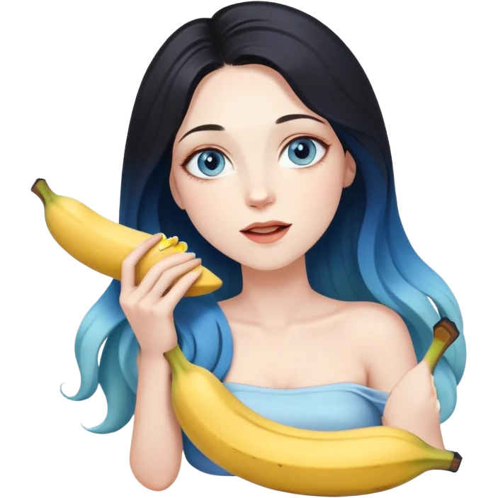 busty pawg long black to blue ombre hair pale blue eyes twerk sfw bare shoulders lay down- eating banana emoji