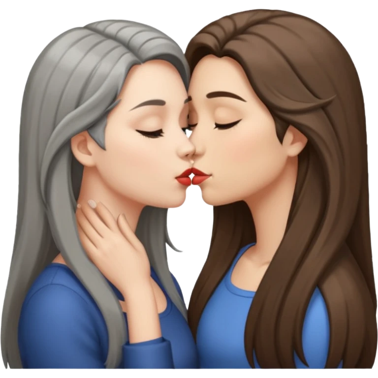 2 Frauen, die sich küssen, davon 1 grauhaarig, 1 braunhaarig, lange Haare emoji