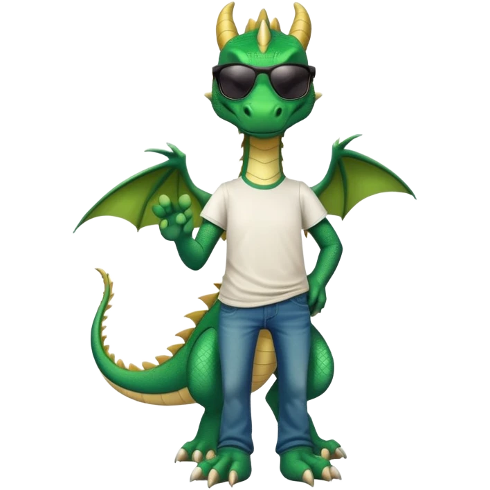 friendly anthropomorphised green dragon in a sports t-shirt and jeans with dark sunglasses, relaxed pose emoji