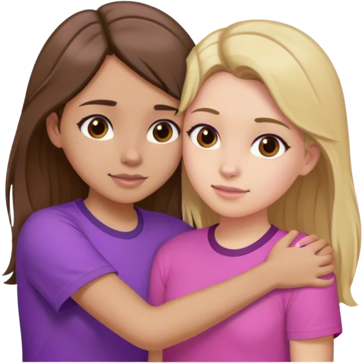 2 girls hugging one with brown hair and blonde highlights in a purple shirt hair and one with dark hair in a pink shirt emoji