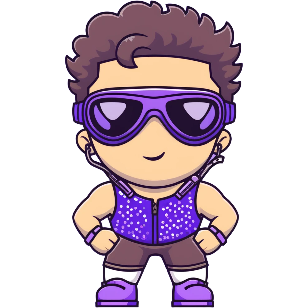 close-up of bad guy male athlete with white skin and moderately curly dark brown hair on top with shaved sides, wearing ski goggles with purple frames and very dark black lenses, a simple plain black chain necklace, and a completely unzipped sleeveless vest with purple and black sequin fire pattern design with no logo, pulling his tongue out very far in an exaggerated mocking gesture, looking menacing and villainous emoji