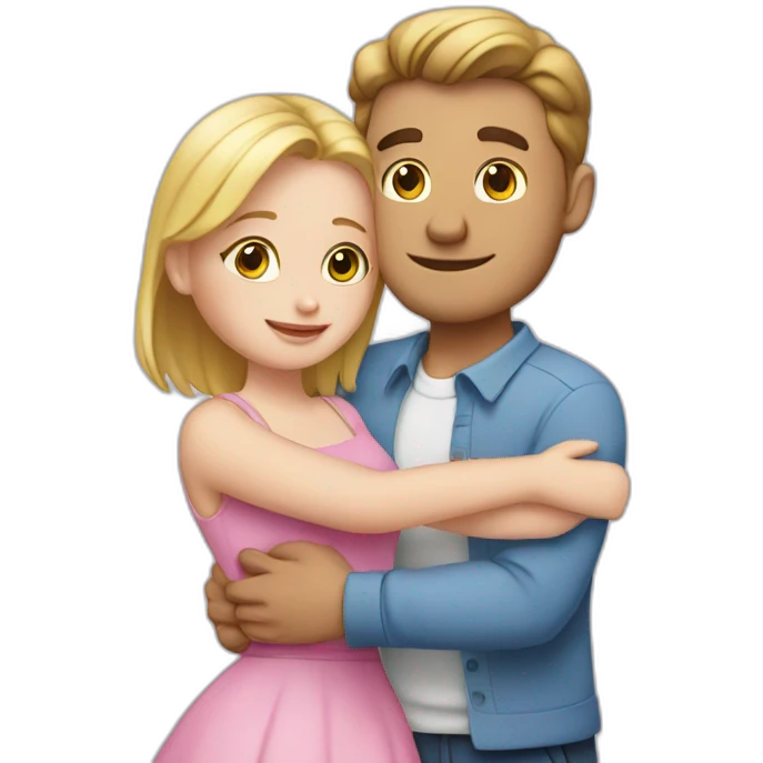a guy in a blue shirt hugs a white girl in a pink dress emoji