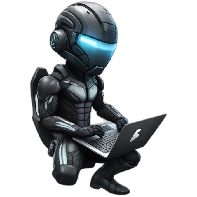 developer behind his laptop with this style : Crytek Crysis Video with nanosuit hacker themed character emoji