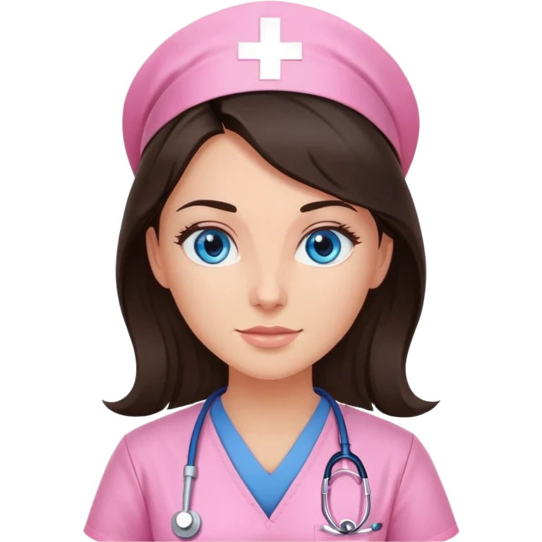 Female nurse, long dark brunette hair, blue eyes, sunkissed skin, pink scrubs emoji