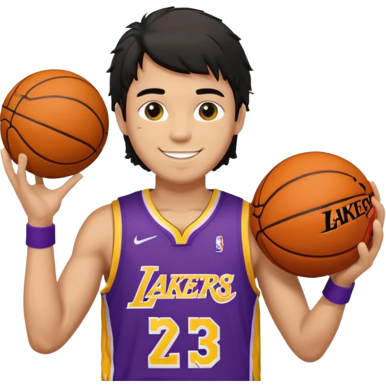 a light tan boy with messy a black mullet. wearing a lakers jersey and carrying a basketball emoji