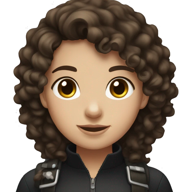 Brunette curly hair, white  equestrian girl with brown eyes standing next to a black horse emoji