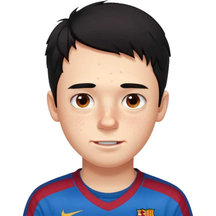 Un chico con pelo liso, demasiado pelo desordenado y negro, tiene pecas, brackets, ojos cafés oscuros y con una camisa del Barcelona emoji