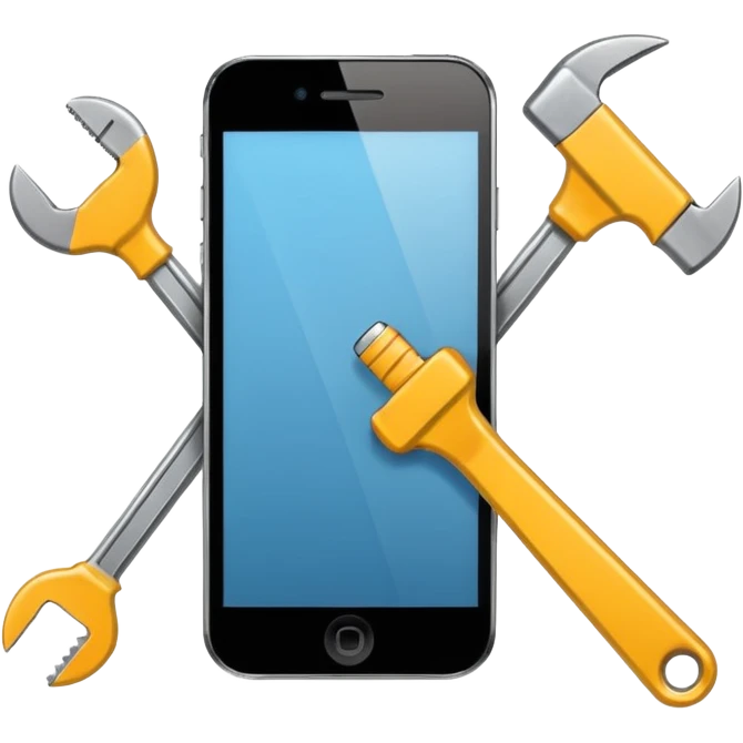 Minimalistic flat vector icon, iOS style, thin black contour on white background. Smartphone with a wrench and screwdriver crossing it. Clean, no text, no shadows emoji