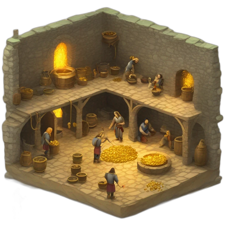 open floor plan of a medieval mint showing different people working, one person on the furnace, some people molding liquid gold into coins emoji