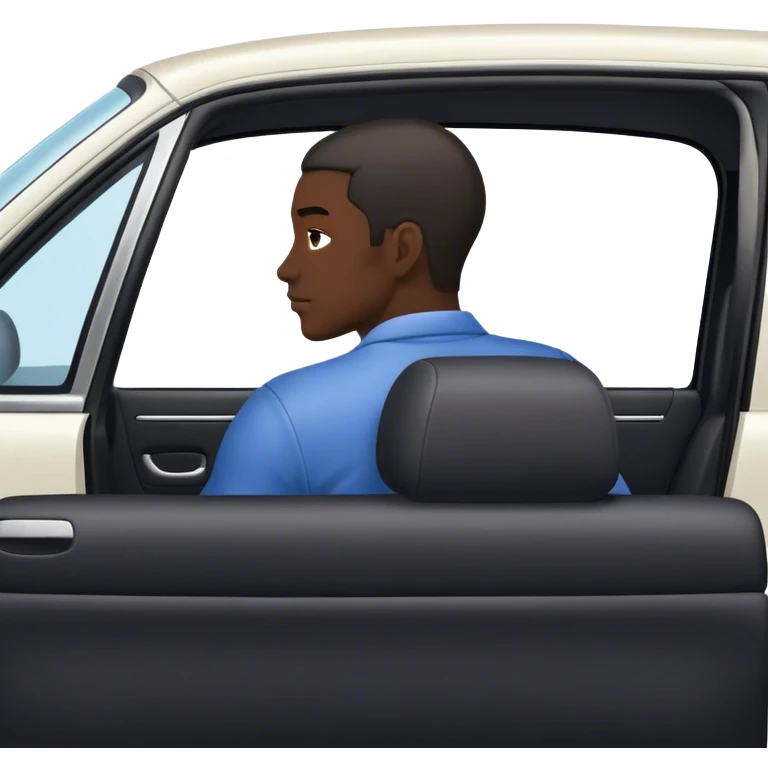 A black skined men sitting in his car while he is lookin back at his back seats. you can see the car from the front and we can only see the back side of the driver emoji