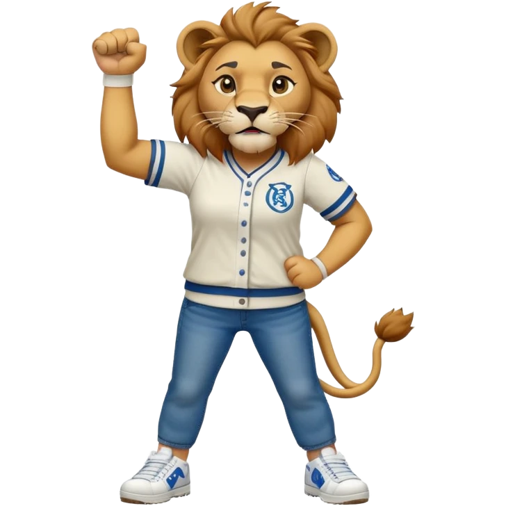 friendly anthropomorphised female lion wearing baseball shirt, jeans, trainers, standing upright with one fist raised, angry expression, no sunglasses emoji
