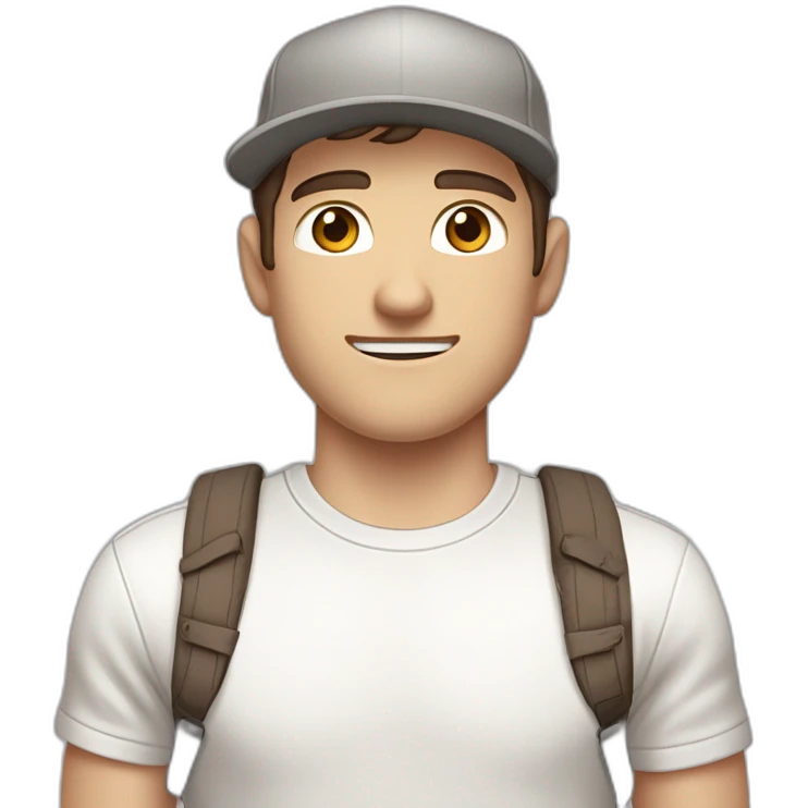 Pale skinned fit Man with dark brown hair in a light gray cap, dark brown jeans, brown polo and white T-shirt keeping a pasted with tape white box into his hands emoji