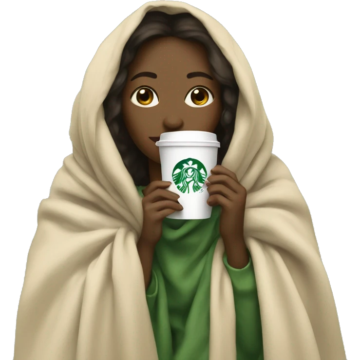 girl inside a blanket beige sipping coffee Starbucks ,eyes colore green  emoji