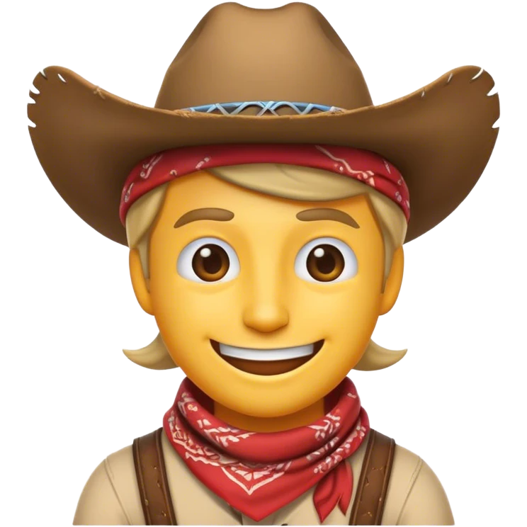 Clash of Clans aesthetic Playful Cowboy Portrait Emoji, Head tilted with a roguish, cheeky grin and twinkling eyes, featuring a compact, charming build with a jaunty hat and a friendly bandana, his natural skin tone adding authenticity, Simplified yet irresistibly charming features, highly detailed, glowing with a warm, inviting western glow, high shine, spirited and lively, stylized with an air of whimsical frontier mischief, soft glowing outline, capturing the essence of a playful cowboy exuding friendly rogue charm! emoji