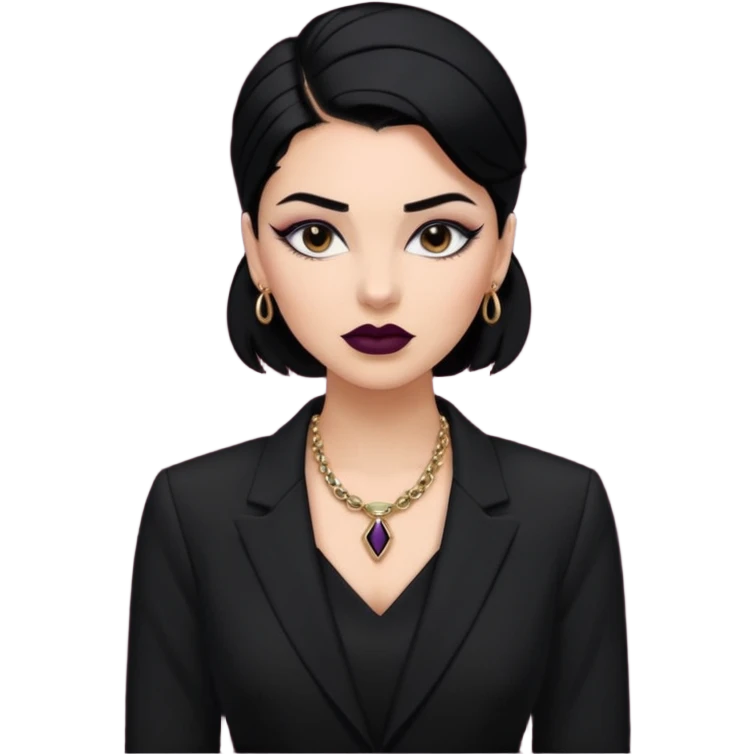 “Emoji girl, sculpted contour, bold dark lipstick, defined brows, sharp eyeliner, sleek black hair updo, statement necklace, black blazer.” emoji