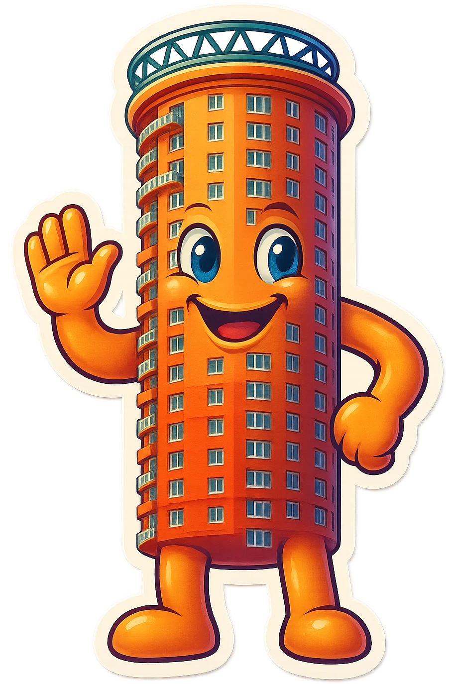 Многоквартирный российский дом-башня с ногами, руками и улыбкой emoji