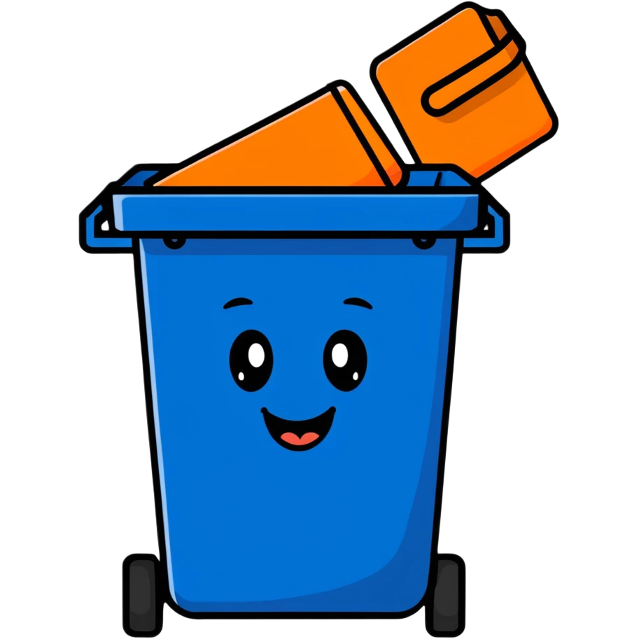 cartoon blue bin with a happy face, waving emoji