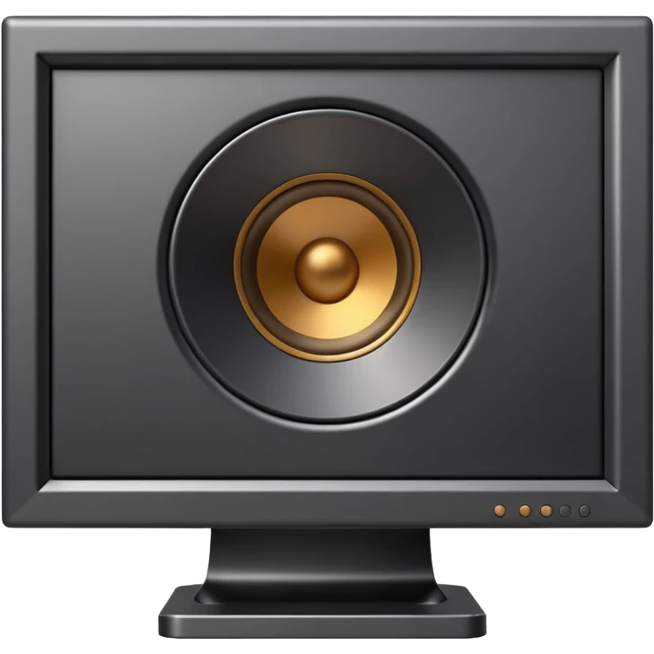 Minimal emoji icon of a modern metallic studio monitor, front view, detailed geometry, dark metallic body, subtle highlights, isolated emoji