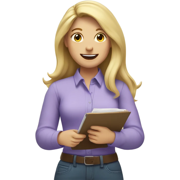 White woman with long blonde hair, wearing a lavender shirt, holding a completed to do list, celebrating  emoji