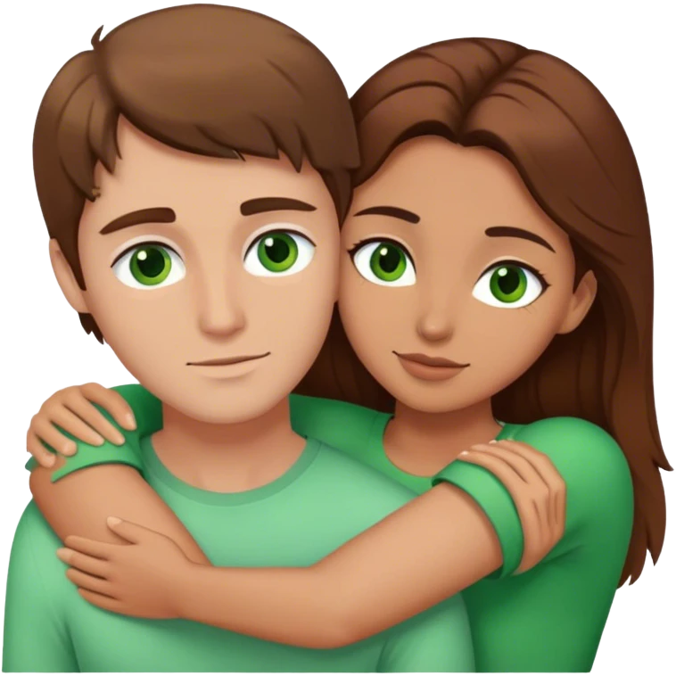 white couple with brown hair, woman has green eyes man has brown eyes, they’re hugging each other  emoji