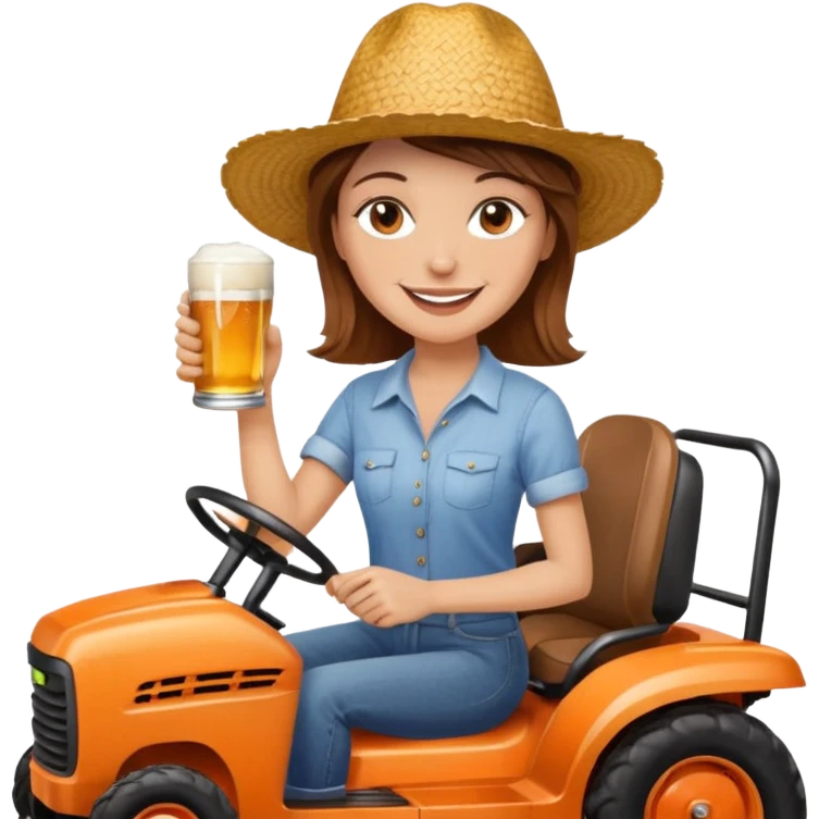 White woman with brown hair, without glasses wearing a straw hat, on old orange ride on lawn mower, holding a beer with one hand and holding the steering wheel with the other hand. Woman is smiling. Lawn mower brand is called “Westwood” emoji