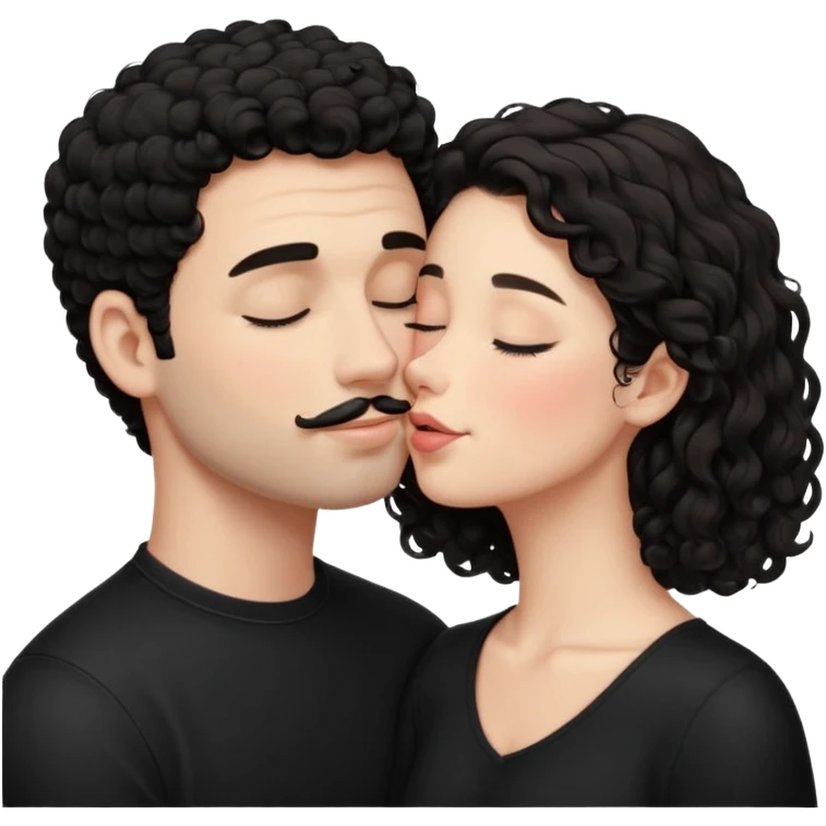 A brunette white girl kissing a medium white guy on the cheeks and he has black curly short hair and dimples and a little mustache and they wear black clothes and make him blush and close his eyes emoji