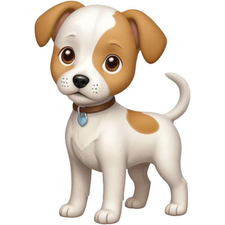 a full body white beagle x maltese x chi dog the size of a kelpie with light brown ears and a light brown patch on one eye emoji