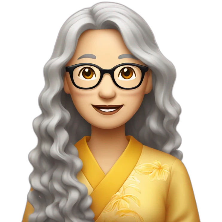 Chinese senior lady has wavy long hair wear glasses show love sign emoji