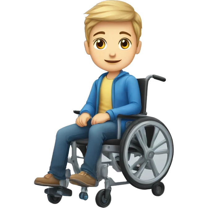 niño en silla de ruedas, delgado, cara alargada y pequeña, ojos grandes azules, pelo rubio con cresta, cara seria con la lengua fuera emoji