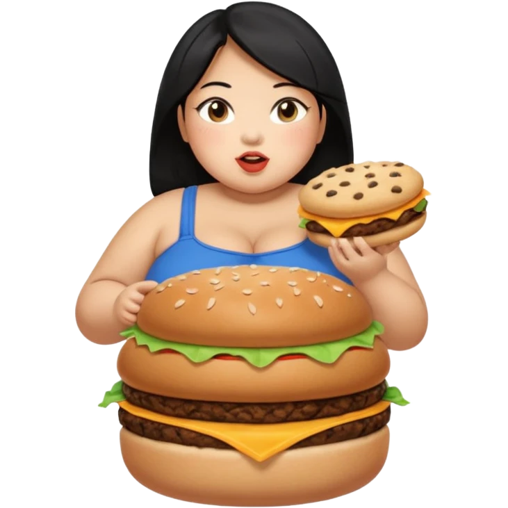 create a humongous asian girl with black hair, with 2 burgers and a cookie in her mouth, she is super obese, please make her a full body emoji, mega huge tummy   emoji