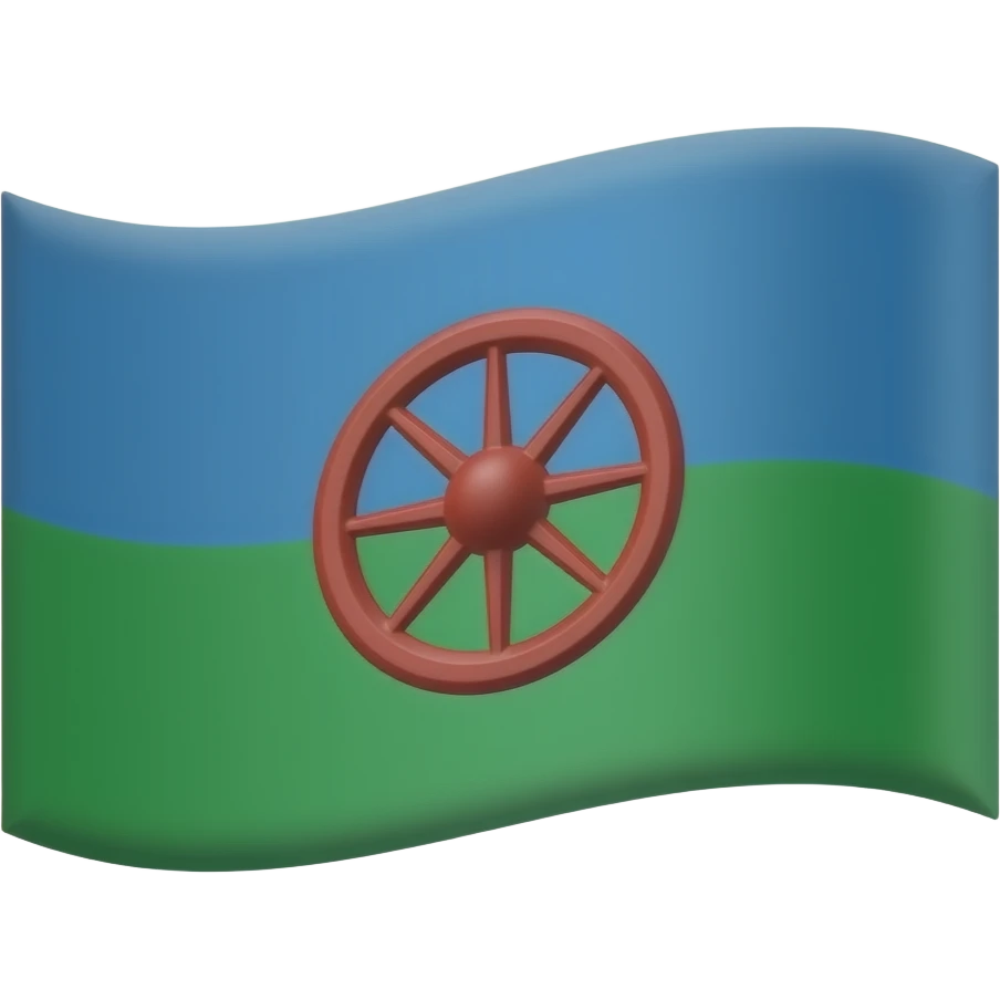 Drapeau bleu en haut vert en bas avec une roue a 18 rayons de roulotte rouge au centre emoji