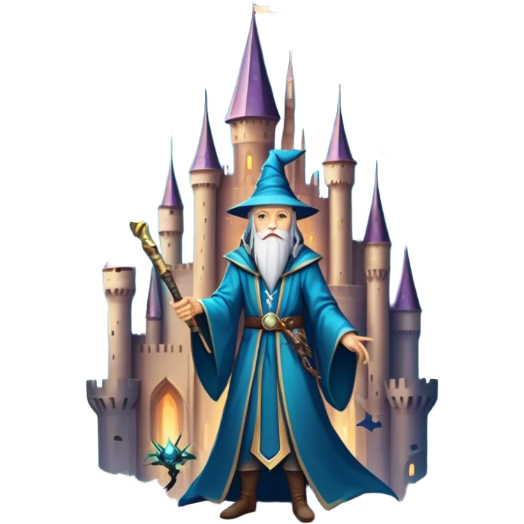 Fantasy and Sci-Fi Movies: A magical collage with a glowing sword, flying dragons, and futuristic spaceships. Stars and planets shimmer in the background, with a mystical castle and an ancient wizard holding a staff. The atmosphere is epic, otherworldly, and adventurous. Transparent background. emoji