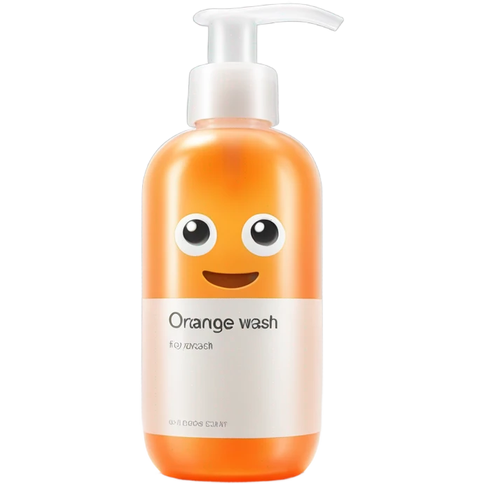 orange face wash in glass pump bottle, no face, no fruit, realistic absolutely nothing resembling a face no mouth no eyes emoji